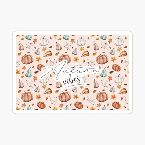 motif de citrouilles et feuilles d'automne sur fond rose avec texte Autumn Vibes