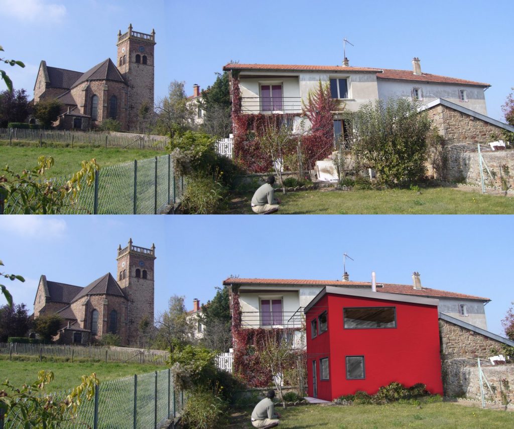 incrustation d'un batiment rouge en 3D dans une image réelle