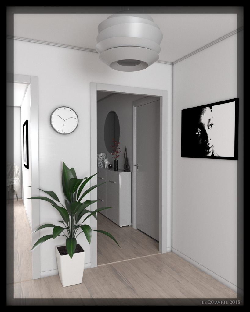 Entrée d'appartement avec murs blancs, plante verte et tableau africain en image de synthèse 3D