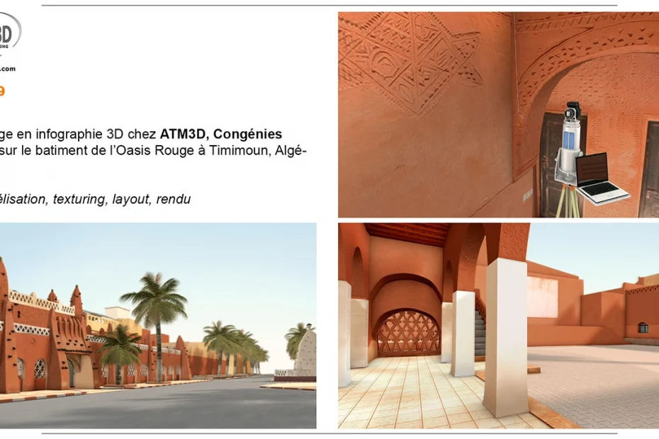 Entrée de l'Oasis Rouge, à Timimoun, en Algérie, reconstitution en image de synthèse 3D, portfolio Patrimoine
