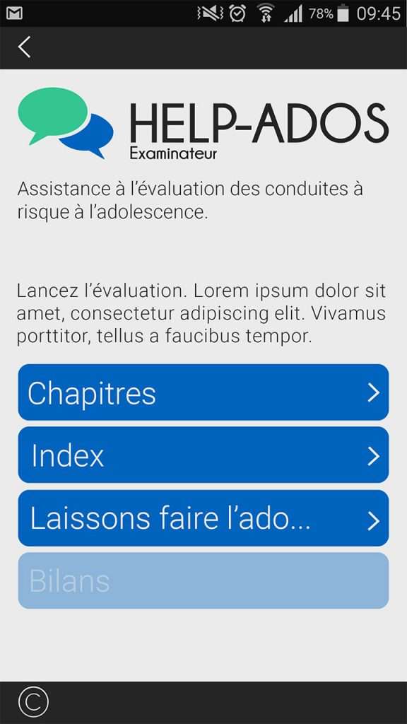 Interface 2D et UI UX de l'application Help-ados pour les adolescents en mal-être psychologique