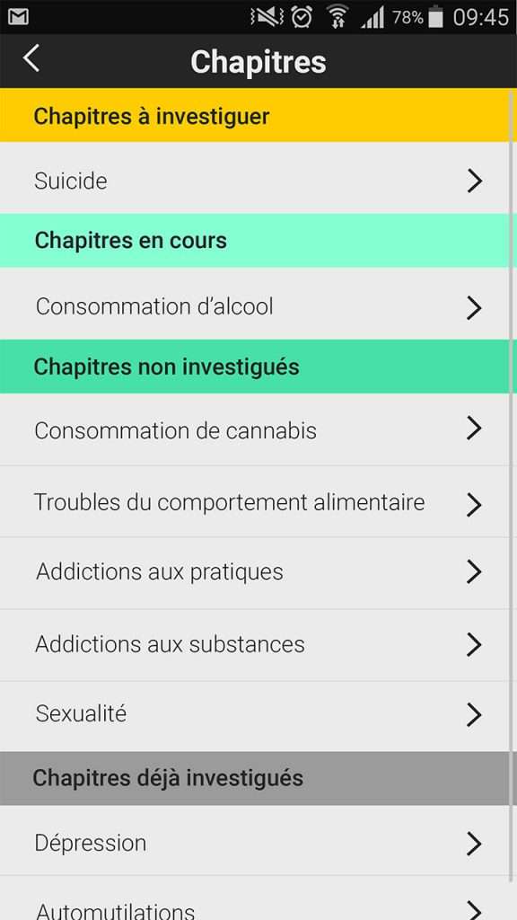 Interface 2D et UI de l'application Help-ados pour les adolescents en mal-être psychologique