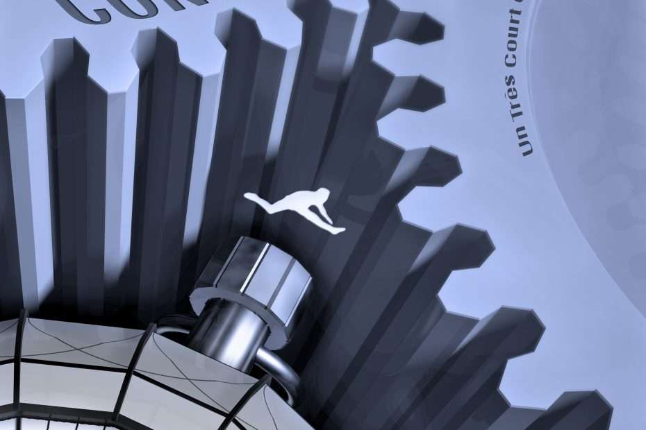 Affiche du film d'animation 3D Contre Temps, avec un athlète qui saute au-dessus d'engrenages