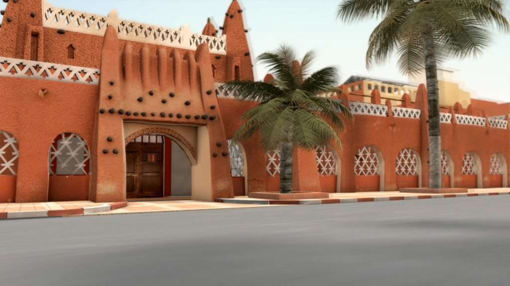 Entrée de l'Oasis Rouge, à Timimoun, en Algérie, reconstitution en image de synthèse 3D, portfolio Patrimoine