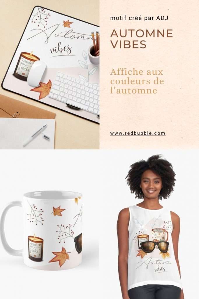 Automne Vibes, création d'une illustration sur la saison automnale, avec motifs de feuilles, de citrouilles, de tasse de tisane et bougie