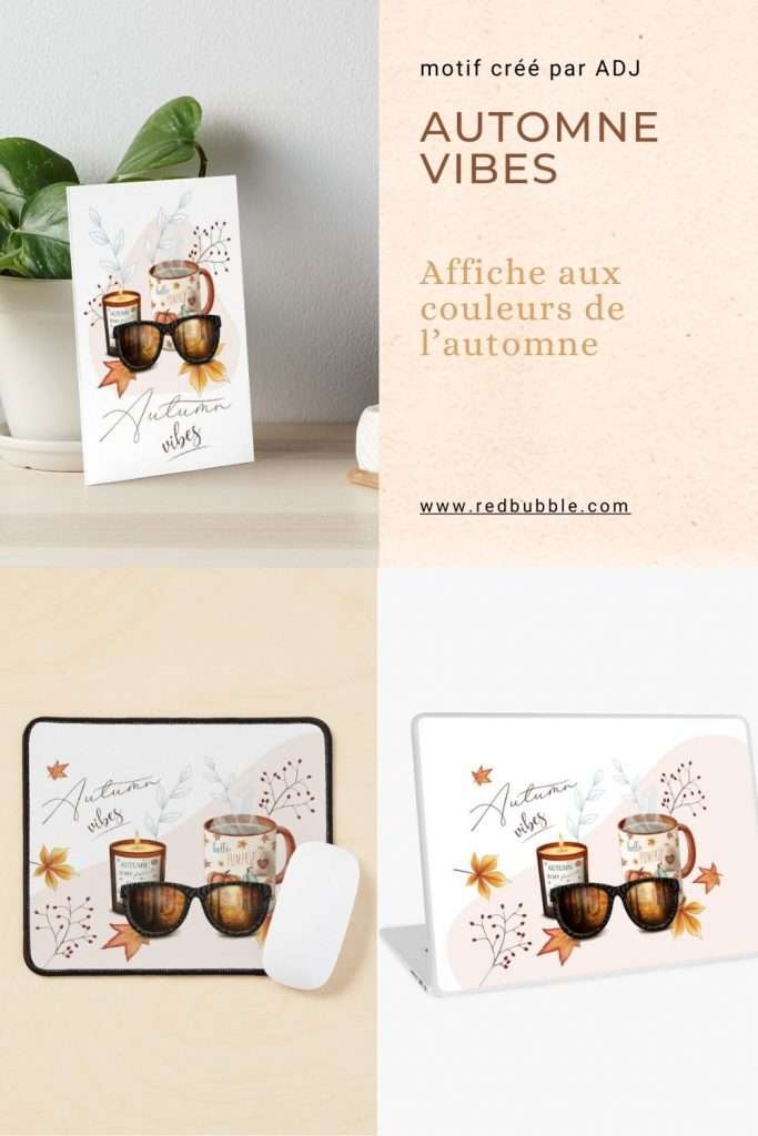 Automne Vibes, création d'une illustration sur la saison automnale, avec motifs de feuilles, de citrouilles, de tasse de tisane et bougie