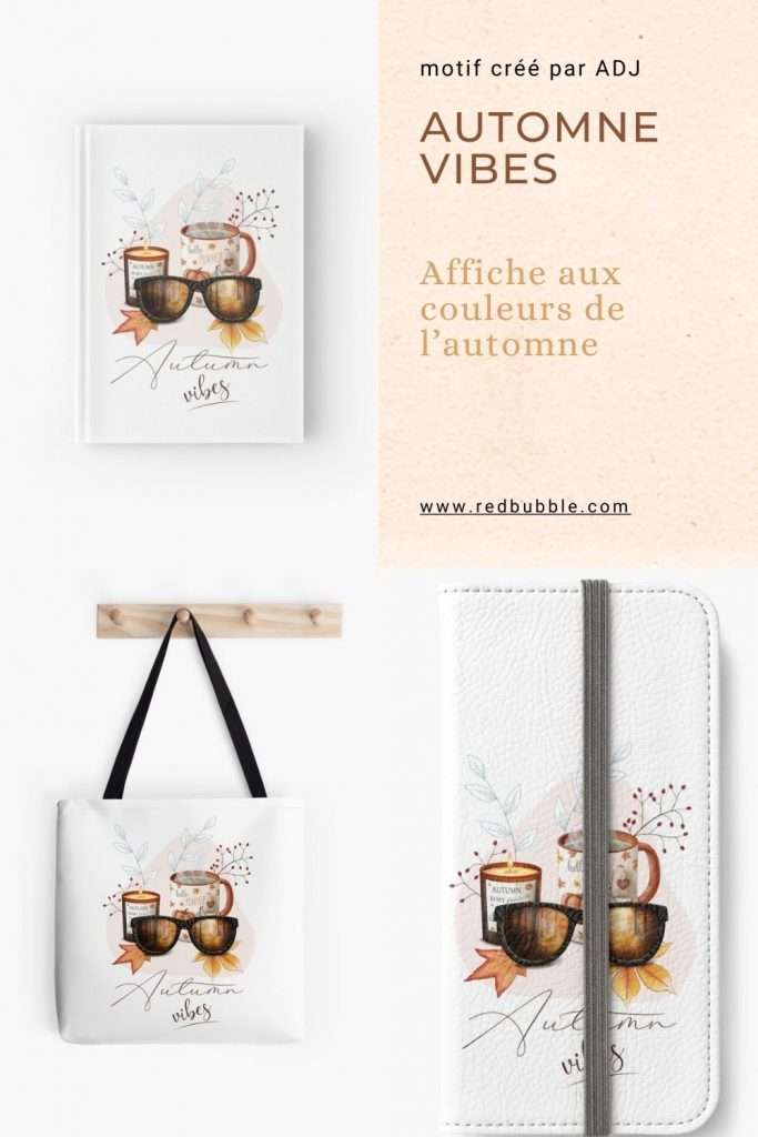 Automne Vibes, création d'une illustration sur la saison automnale, avec motifs de feuilles, de citrouilles, de tasse de tisane et bougie