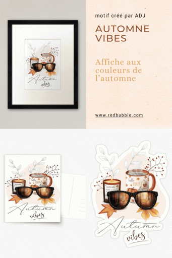 Automne Vibes, création d'une illustration sur la saison automnale, avec motifs de feuilles, de citrouilles, de tasse de tisane et bougie