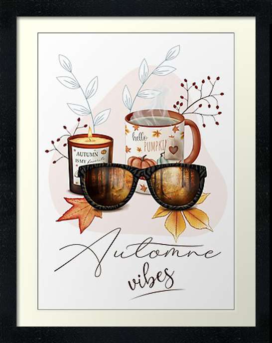 Automne Vibes, création d'une illustration sur la saison automnale, avec motifs de feuilles, de citrouilles, de tasse de tisane et bougie