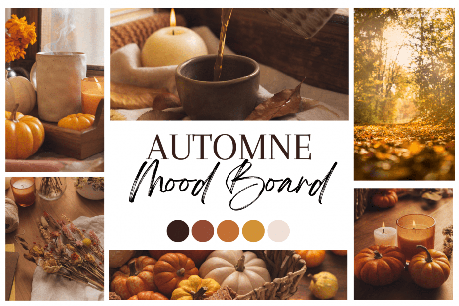 Moodboard d'automne, avec images d'inspiration de feuilles d'arbres, tasse de thé, bougie, citrouille, palette de couleurs automnale, forêt. Création d'une illustration automnale par Audrey Janvier