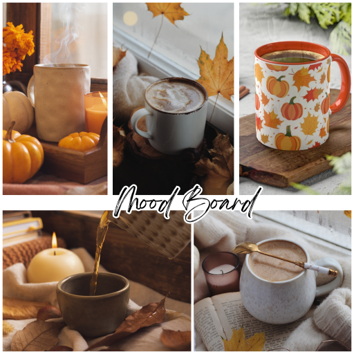 Moodboard d'automne, avec images d'inspiration de tasse et mug à thé ou café, palette de couleurs automnale pour une création d'illustration