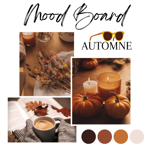 Moodboard d'automne, avec images d'inspiration de feuilles d'arbres, tasse de thé, bougie, citrouille, palette de couleurs automnale