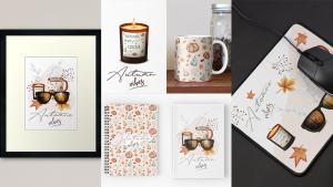 Bannière de l'illustration Autumn Vibes, motif d'automne de citrouilles et feuilles, avec les produits à shopper